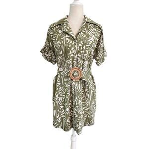 SUNCOO Paris Chima Shirt Belted Dress Belt Botanical Leaf Print T1 (Small)